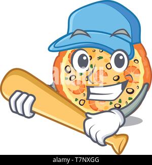 A giocare a baseball seafood pizza servita su piastra di caratteri Illustrazione Vettoriale