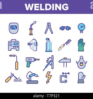 Macchinari e attrezzature per la saldatura lineare vettore icone Set. Costruzione, saldatura, brasatura utensili, roba sottile linea raccolta di icone. I saldatori strumenti protettivi, Gea Illustrazione Vettoriale