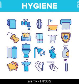 Igiene, Pulizia linea sottile icone Set di vettore. Sanitari, Igiene Personale illustrazioni lineare. Bagno, Articoli da toilette. Lavaggio delle mani, doccia, igieniche Illustrazione Vettoriale