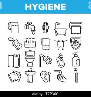 Igiene, Pulizia linea sottile icone Set di vettore. Sanitari, Igiene Personale illustrazioni lineare. Bagno, Articoli da toilette. Lavaggio delle mani, doccia, igieniche Illustrazione Vettoriale