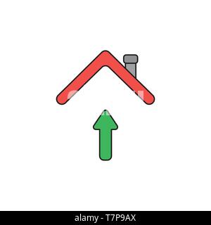 Icona vettore concetto di freccia verde il movimento verso l'alto sotto il tetto della casa. Illustrazione Vettoriale