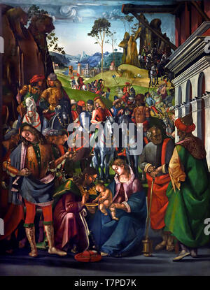 Adorazione dei Magi 1493 da Luca Signorelli (1450 - 1523) italiano, Italia, (pala realizzata per l'altare maggiore della chiesa di Sant'Agostino di Città di Castello). Foto Stock