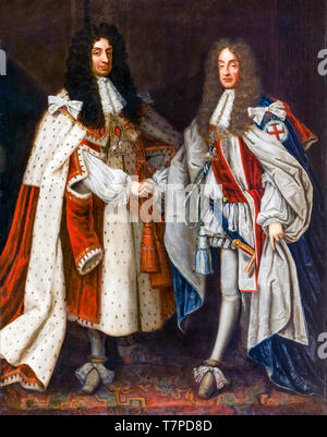 Doppio Ritratto di Carlo II d'Inghilterra (1630-1685), regnò 1660-1685 e Re Giacomo II d'Inghilterra e VII di Scozia (1633-1701) regnò 1685-1688, dipinto del 17th secolo Foto Stock