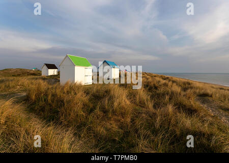 Ombra di due guide di scorrimento sulla cabina di bianco in una fila di cabine sulla spiaggia, con tetti colorati e drammatica vista sull'oceano a Gouville-sur-Mer, Normandia, Francia Foto Stock