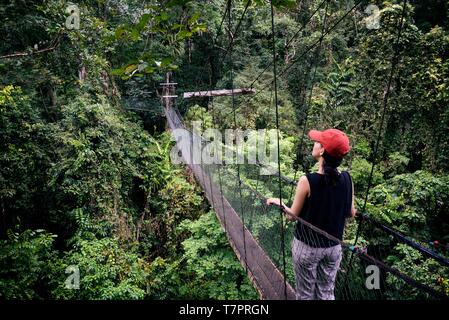 La Malesia, Borneo Sarawak, Parco Nazionale di Gunung Mulu elencati come patrimonio mondiale dall' UNESCO, donna presso la tettoia a piedi nella foresta pluviale Foto Stock
