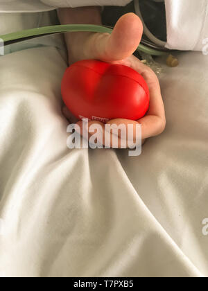 Una chiusura della mano di un paziente in ospedale con un cuore squeeze a forma di sfera usata per aiutare il flusso di sangue durante una donazione di sangue. Foto Stock