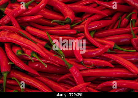 Una chiusura di una pila di fresco chilis rosso con il loro colore verde cicogne, per la vendita in un inglese farmers market Foto Stock