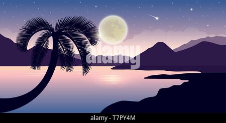 Lo splendido paesaggio di notte con Palm tree luna piena e cielo stellato illustrazione vettoriale EPS10 Illustrazione Vettoriale