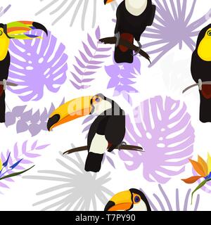 Tropical seamless pattern luminoso con uccello tropicale Toucan, giungla verde palm, monstera foglie e fiori di ibisco e strelcia fiori. Vettore d estate Illustrazione Vettoriale