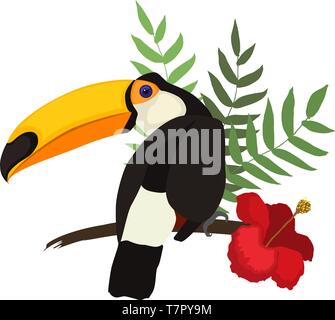 Illustrazione vettoriale di un uccello luminoso cartoon toucan su un foglie tropicali e fiori. Icona colorata di natura tropicale per zoo annuncio, riserva naturale, Illustrazione Vettoriale