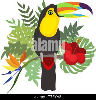 Illustrazione vettoriale di un uccello luminoso cartoon toucan su un foglie tropicali e fiori. Icona colorata di natura tropicale per zoo annuncio, riserva naturale, Illustrazione Vettoriale