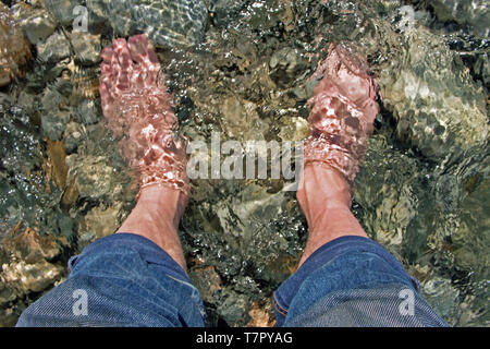 Piedi immersi nell'acqua chiara di un ruscello di montagna Foto Stock