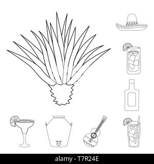 Agave,sombrero,cocktail,bottiglia,distilleria,chitarra,impianto,mexican,vetro,alcol,procedimento,ornamento,thorn,hat,calce,vodka,limone,l'acqua,folk,ghiaccio,deserto,costume,liquor,whiskey,moonshine,tradizionale,forest,corsa,Messico,tequila,fajita,fiesta,parte,celebrazione,bar,Latino,carnevale,national,impostare,vettore,icona,immagine,isolato,raccolta,design,l'elemento,graphic,segno,contorno,linea vettori vettore , Illustrazione Vettoriale