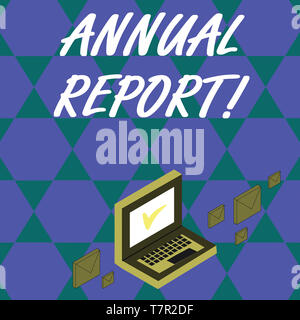 Testo della scrittura relazione annuale. Foto concettuale riepilogo finanziario di una società s è attività durante l'anno il colore le buste della posta attorno al computer wit Foto Stock