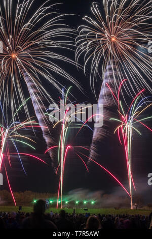 Un pubblico di fuochi d'artificio nella celebrazione della notte dei falò a Westpoint Showgrounds. Exeter, Devon, Regno Unito, presa dal retro della folla Foto Stock