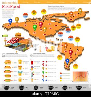 Il fast food ed infografico. Mappa di America e del Messico con informazioni diverse Illustrazione Vettoriale