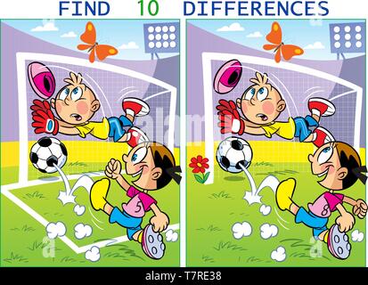 Sulla illustrazione vettoriale i bambini di giocare a calcio. Puzzle trovare dieci differenze nelle immagini di sport. Illustrazione Vettoriale