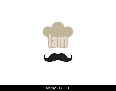 Chef un cappello da cucina con baffi logo illustrazione di design, icona della testa del fornello, un simbolo su sfondo bianco Illustrazione Vettoriale