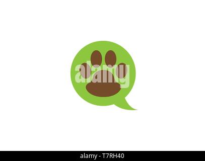 Paw all'interno di una chat icona e simbolo di impronta logo design illustrazione su sfondo bianco Illustrazione Vettoriale