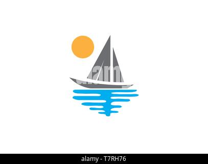 Yacht con tenuta di mare e di sole logo design illustrazione su sfondo bianco Illustrazione Vettoriale