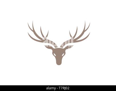 Testa di cervo con grandi corna vettore illustrazione del logo su sfondo bianco Illustrazione Vettoriale