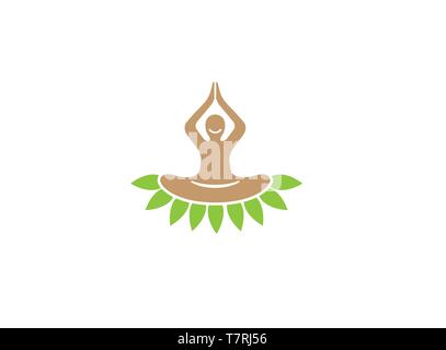 Una persona impostato su foglie in alto le mani e il sorriso di fare meditazione e yoga per la salute verde logo design illustrazione su sfondo bianco Illustrazione Vettoriale