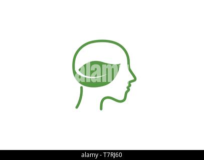 Verde naturale di testa e bio cervello integro con foglie logo design illustrazione su sfondo bianco Illustrazione Vettoriale