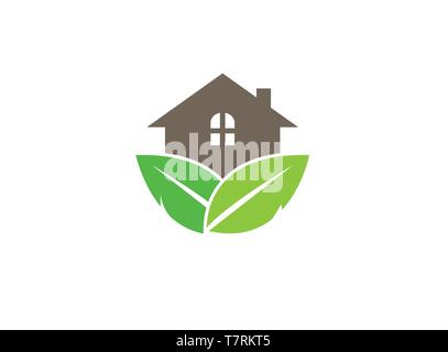 Home per la foresta con foglie e pianta di casa per la progettazione del logo Illustrazione Vettoriale