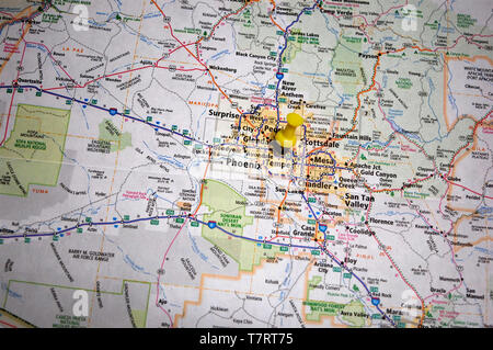 Una mappa di Phoenix, Arizona contrassegnati con un perno di spinta. Foto Stock