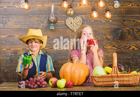 Agricoltura insegna ai bambini dove il loro cibo proviene da. Gli agricoltori per bambini ragazza ragazzo verdure raccolto. Azienda agricola a conduzione familiare. I fratelli avendo divertimento. Bambini presentando farm raccolto lo sfondo di legno. Mercato di fattoria. Foto Stock