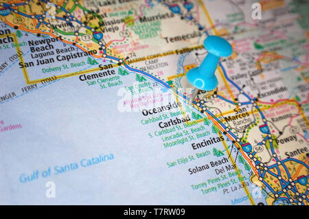 Una mappa di Oceanside, California contrassegnati con un perno di spinta. Foto Stock