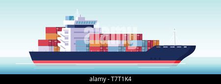 Vettore della nave cargo contenitore nell'oceano. Trasporto, spedizione concetto di trasporto merci Illustrazione Vettoriale