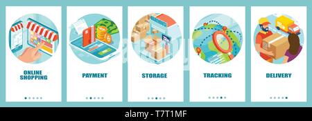 Lo shopping online, pagamento del magazzino di stoccaggio, la consegna e il concetto di tracking. Vettore modello di banner per il sito web e lo sviluppo di dispositivi mobili. Illustrazione Vettoriale