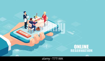 Ristorante prenotazione online concetto. Vettore di una mano che tiene un smartphone con due ristoranti e un cameriere che serve una tabella. Illustrazione Vettoriale