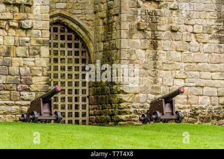 I cannoni fuori dell'entrata al Castello di metalli. Etal, Northumberland, Regno Unito. Maggio 2018. Foto Stock