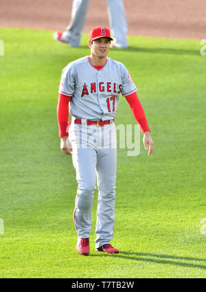 Detroit, STATI UNITI D'AMERICA. 07 Maggio, 2019. Los Angeles Angeli designati hitter Shohei Ohtani prima della Major League Baseball gioco contro la Detroit Tigers al Comerica Park a Detroit, Michigan, Stati Uniti, 7 maggio 2019. Credito: Aflo Co. Ltd./Alamy Live News Foto Stock