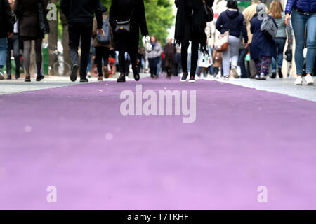 Duesseldorf, Germania. 09 Maggio, 2019. I passanti a piedi lungo il viale Königsallee su un tappeto di colore viola. La moquette, circa 1,5 chilometri, è destinato a punto al 'Duftstars 2019' dell'evento. Credito: Federico Gambarini/dpa/Alamy Live News Foto Stock