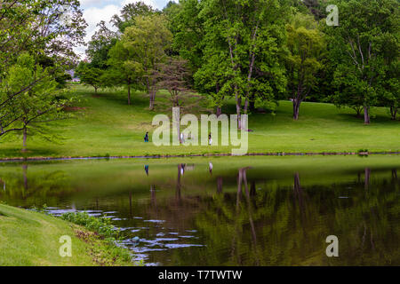 Meadowlark Giardini Botanici, Vienna, VA, Stati Uniti d'America -- Maggio 6, 2019. I visitatori a fare una passeggiata intorno ai motivi di Meadowlark Giardini Botanici; loro riflettere Foto Stock