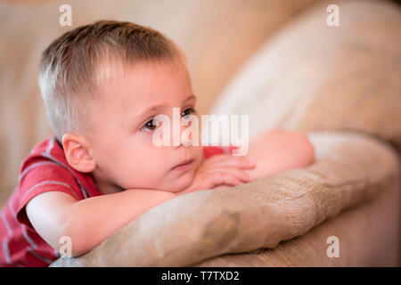 Home prese ritratto di un grazioso piccolo ragazzo seduto su un divano e guardare i cartoni animati in televisione Foto Stock