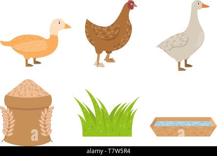 Anatra, oca, icone di pollo in stile appartamento, alimenti per pollame illustrazione vettoriale Illustrazione Vettoriale
