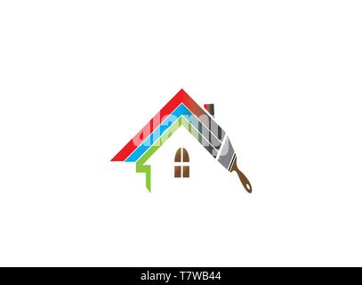 Verniciatura a pennello sul tetto di casa o casa con multicolori per la progettazione del logo Illustrazione Vettoriale