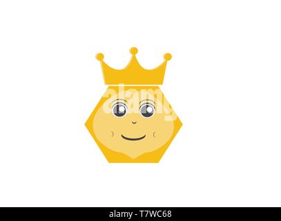 Queen Bee un esagono bee sorriso di testa con la corona per logo design vettore, icona di insetto Illustrazione Vettoriale