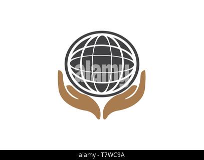 Planet mappa delle linee con mani envirenment mondiale la cura per il logo design vettoriali, proteggere l'icona a forma di globo, salvare simbolo di messa a terra Illustrazione Vettoriale