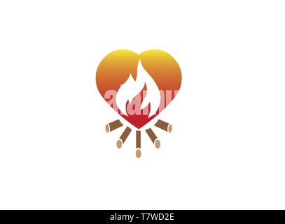 Incendio la combustione di legna il fuoco all'interno di un cuore per il logo design Illustrazione Vettoriale