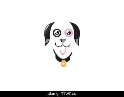 Felice cute cane che indossa il collare con campane e mostra la lingua di fuori per la progettazione del logo Illustrazione Vettoriale