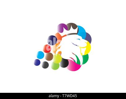Testa di leone con una corona in bolle multicolore per la progettazione del logo Illustrazione Vettoriale