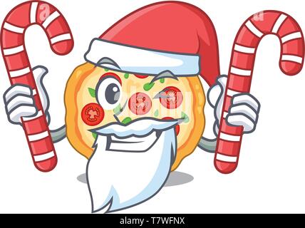 Santa con la caramella pizza margherita in forma mascotte Illustrazione Vettoriale