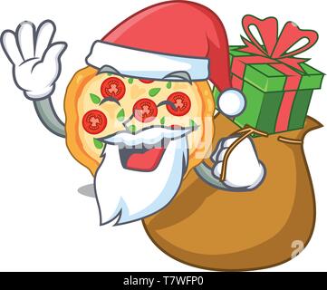 Santa con dono pizza margherita in forma mascotte Illustrazione Vettoriale