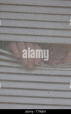 Una persona che indossa gli occhiali peaking attraverso le persiane della finestra Foto Stock