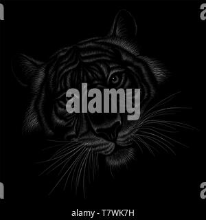 Il logo del vettore tiger per tatuaggio o T-shirt design o abbigliamento esterno. Stile di Caccia tigri stampa su sfondo nero. Foto Stock